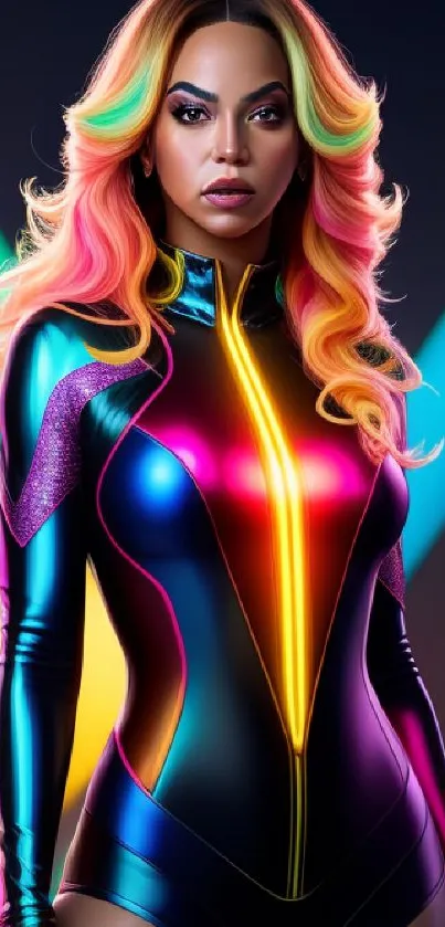 Vibrant neon woman with colorful hair and a futuristic outfit on a mobile wallpaper.