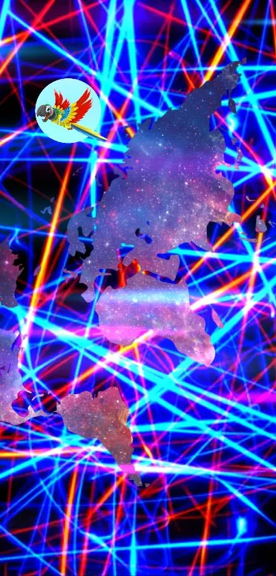 Neon world map mobile wallpaper with blue and red lines.