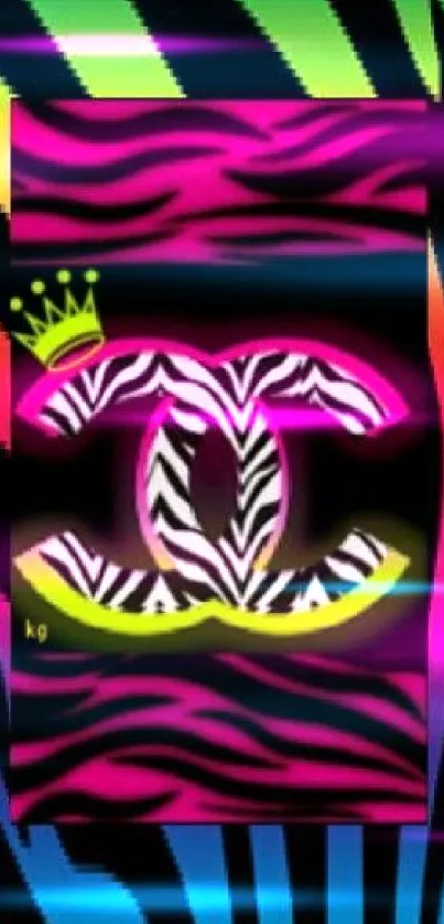 Vibrant zebra pattern with neon rainbow stripes and a stylish logo.