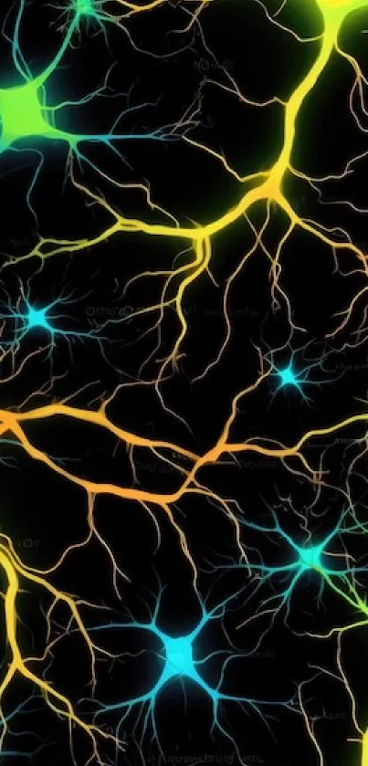 Neural network wallpaper with colorful glowing lines on a dark background.