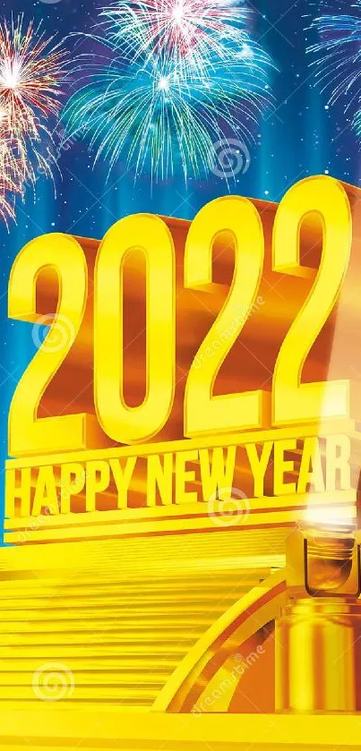 Vibrant 2022 New Year wallpaper with fireworks and gold theme.