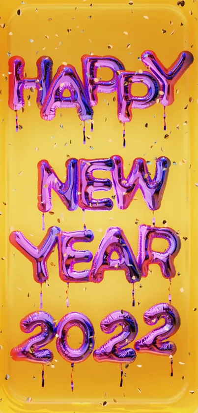 Bright and colorful New Year 2022 wallpaper with metallic balloons on yellow background.