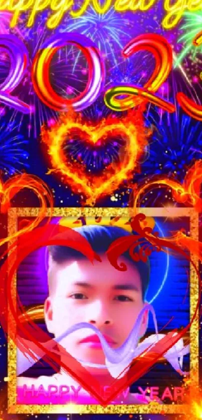 Vibrant New Year 2023 wallpaper with fireworks and heart motifs.