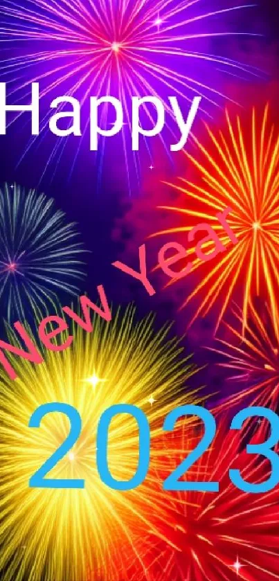 Vibrant fireworks display with Happy New Year 2023 text.