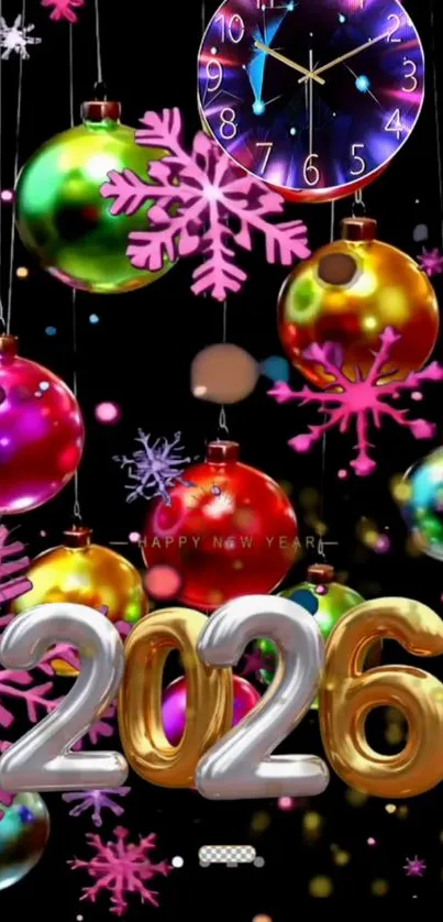 Colorful 2026 New Year decorations and clock.