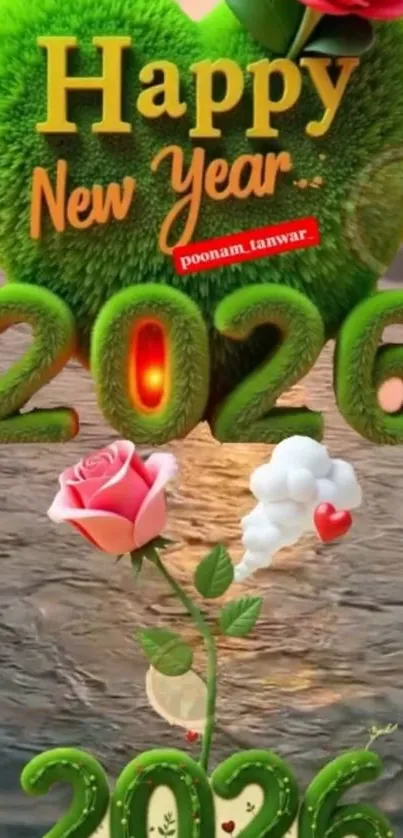 Happy New Year 2026 vibrant mobile wallpaper with green and floral design.
