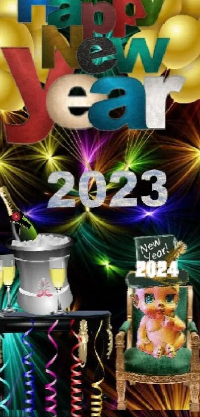 Colorful New Year 2023 wallpaper with fireworks display.