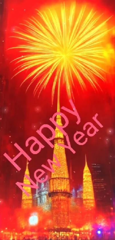 Happy New Year wallpaper with fireworks and cityscape in vivid colors.