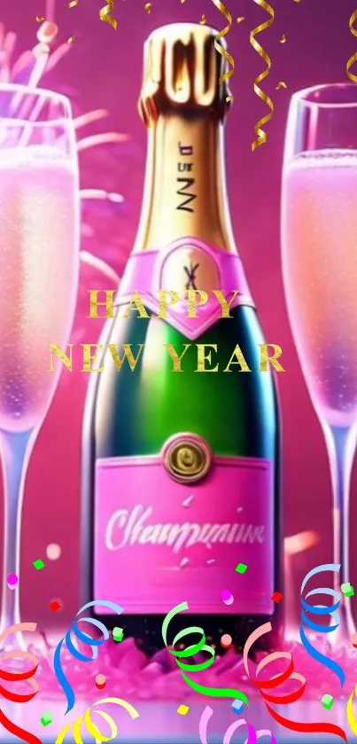 Festive New Year wallpaper with champagne bottle and glasses.