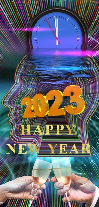 Vibrant 2023 New Year wallpaper with fireworks, clock, and champagne.