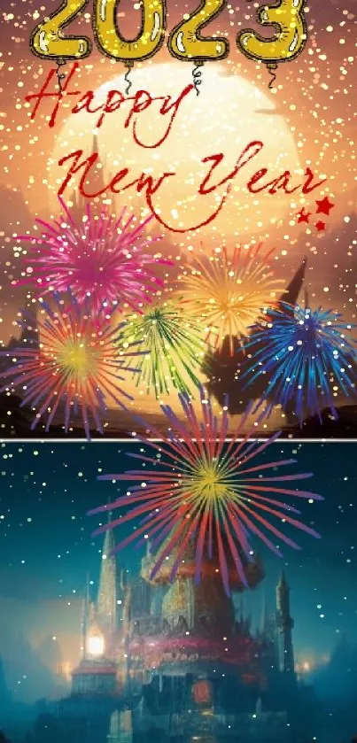 2023 New Year wallpaper with fireworks and mystical landscape.