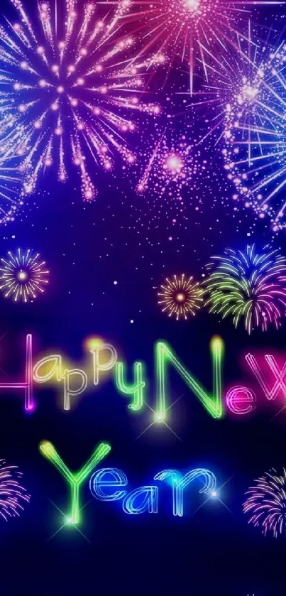 Vibrant New Year fireworks mobile wallpaper with colorful neon greetings.