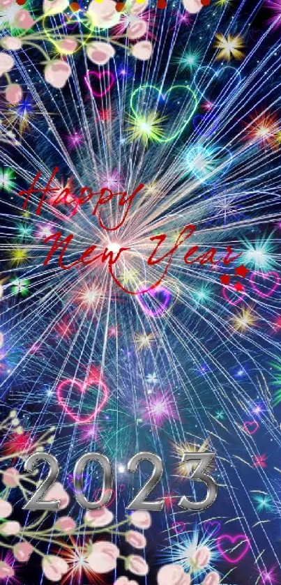 Colorful New Year 2023 fireworks wallpaper with festive greetings.