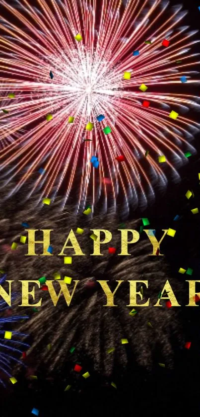 Colorful New Year fireworks with festive text on a black background.