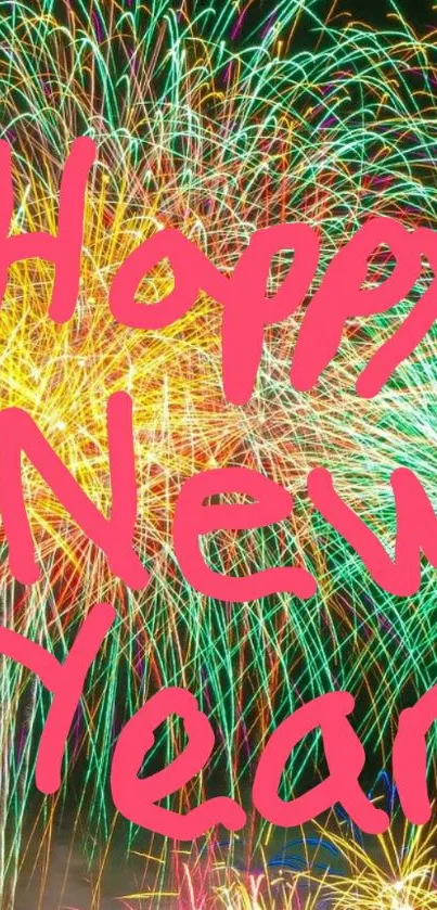 New Year wallpaper with colorful fireworks and 'Happy New Year' text.