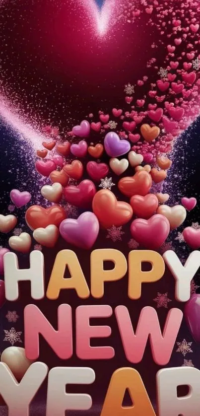 New Year heart-themed wallpaper with vibrant colors and festive design.