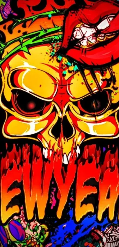 Vibrant New Year skull wallpaper with bold colors and edgy design.