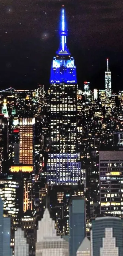 Illuminated New York City skyline at night with vibrant colors.