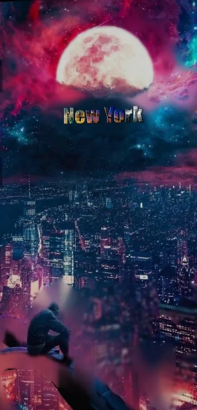 New York City skyline under a vibrant moonlit sky, viewed from above.