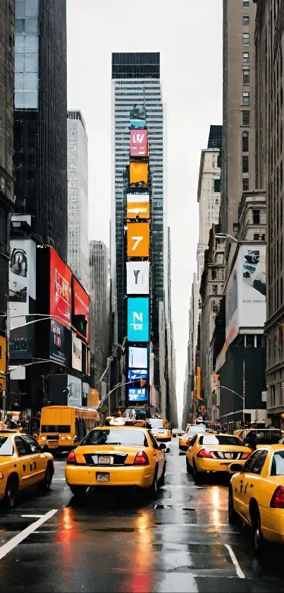 Bustling New York street scene with yellow cabs and skyscrapers.