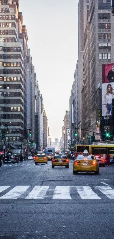 New York City street with taxis and skyline.