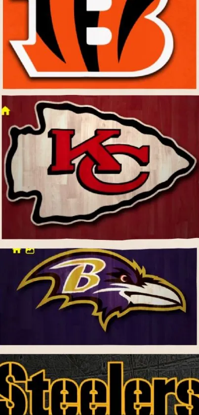 Vibrant mobile wallpaper with NFL team logos in bold colors.