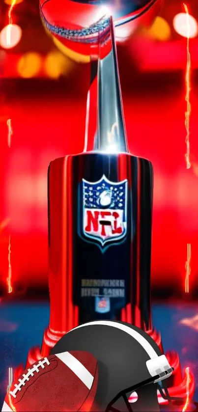 NFL trophy with flames and football helmet on vibrant background.