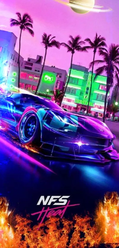 Vibrant neon car with Miami skyline and palm trees in NFS Heat wallpaper.