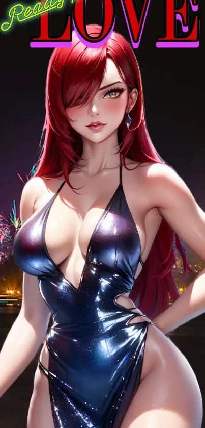 Anime character in a shiny outfit against a vibrant night backdrop.