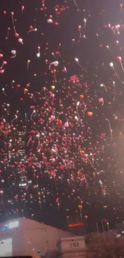 A sky filled with colorful balloons over a city at night.