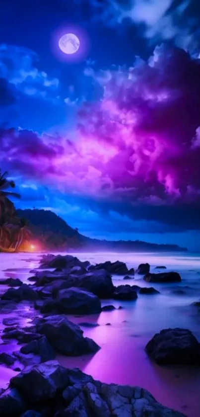 Vibrant beach scene at night with purple sky and full moon.