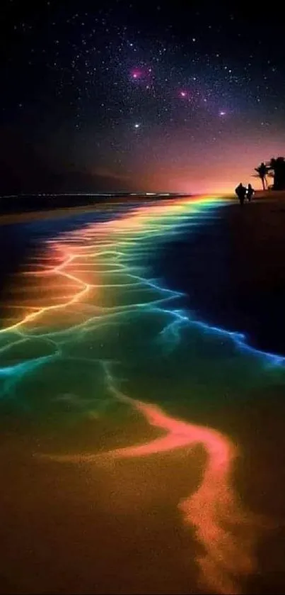 Vibrant rainbow reflection on a night beach under a starry sky.