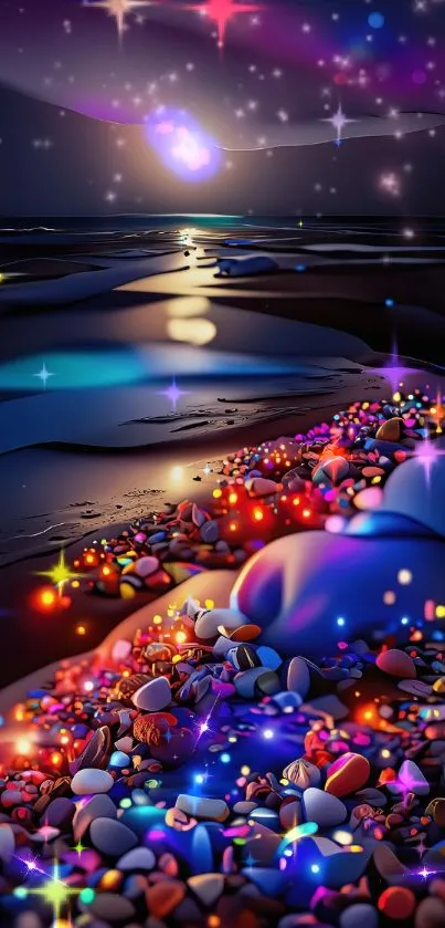 Vibrant beach at night with colorful pebbles and luminous sunset.