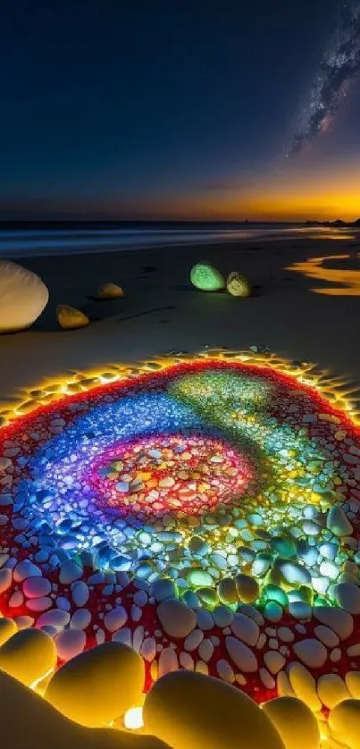 Vibrant beach scene at night with colorful pebbles and starry sky.