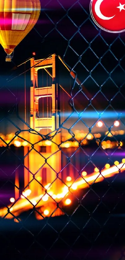 Glow from a city bridge at night with Turkish flag and hot air balloon.