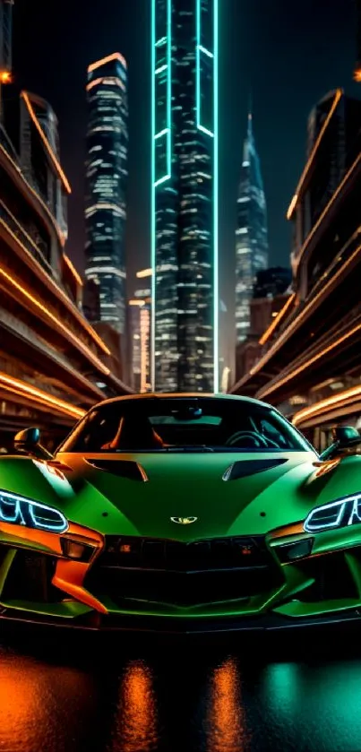 Green sports car with neon city backdrop.