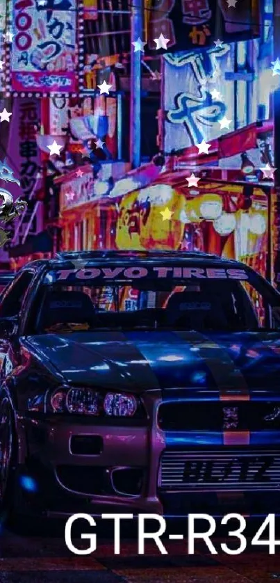 GTR car in neon-lit vibrant night cityscape.