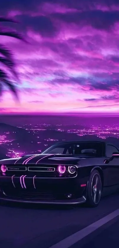 Sleek car under vibrant purple sunset with neon cityscape.