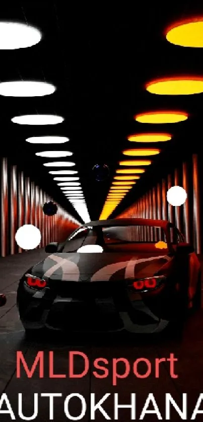 Futuristic car under vibrant tunnel lights with bold orange illumination.