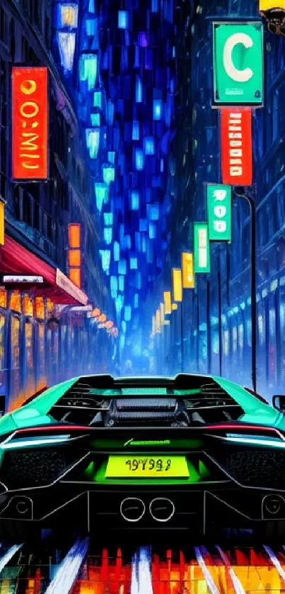 Neon-lit city street with sports car at night, vibrant colors, mobile wallpaper.