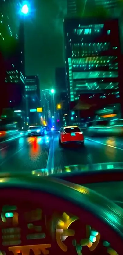 Dynamic city night drive with neon lights.