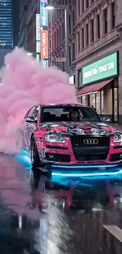 Drifting Audi car with pink smoke in a night city street scene.
