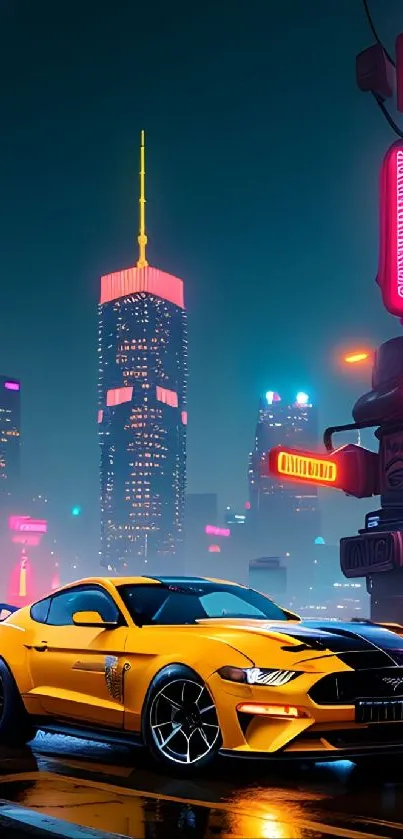 Yellow sports car in neon-lit cityscape at night.