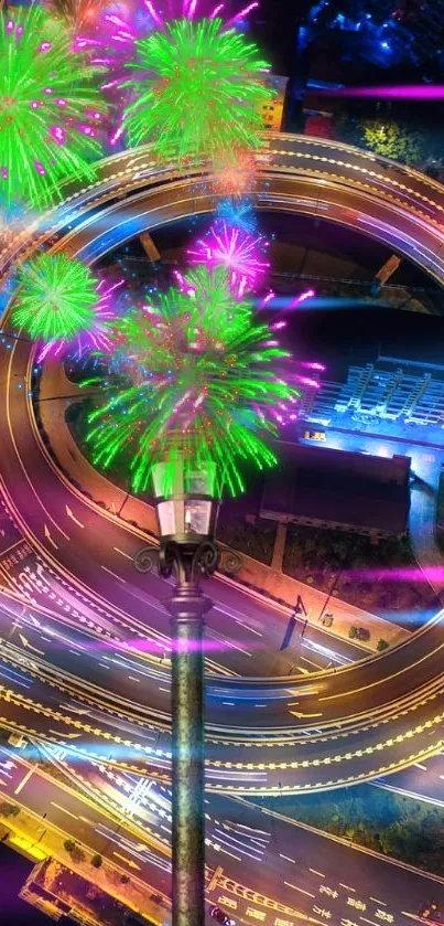 Vibrant cityscape with fireworks and road lights at night.