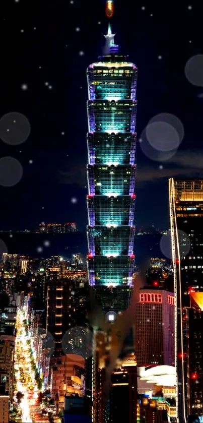 Night view of Taipei 101 against city lights.