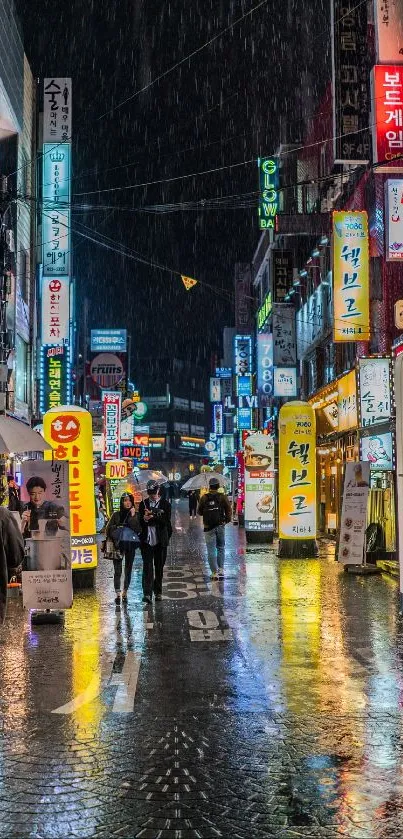 Vibrant city street at night with neon lights and rain reflections.