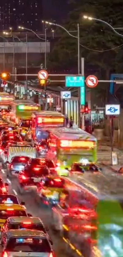 Vibrant urban night traffic with colorful lights.