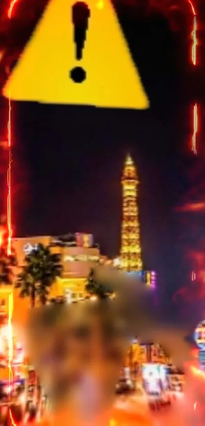 Vibrant city wallpaper with neon lights and warning symbol.