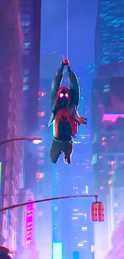 Stylized superhero swinging over vibrant cityscape at night.