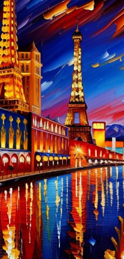 Colorful cityscape painting with vibrant reflections at night.